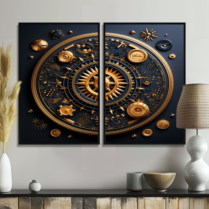 Ancienne boussole géométrique en or et bleu - art mural moderne jaune, Noir, H 36 po x l 48 po, Impression encadrée flottante