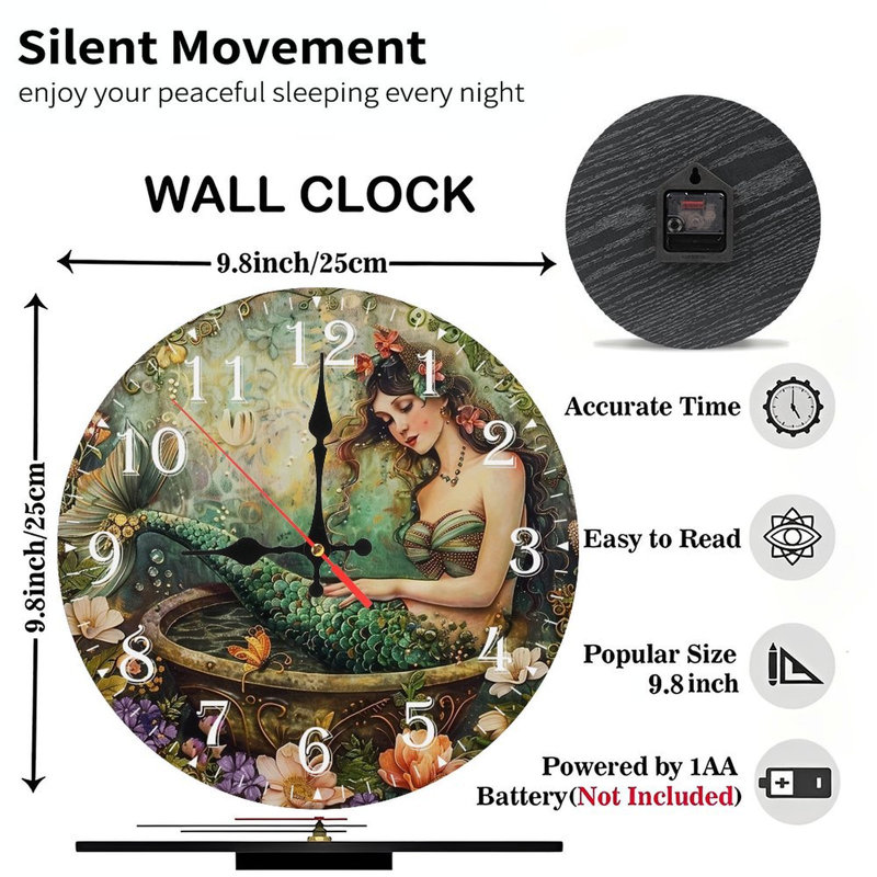Horloge murale en bois 10 po, mouvement silencieux, à piles (piles AA non incluses), décor artistique, parfait pour les décorations