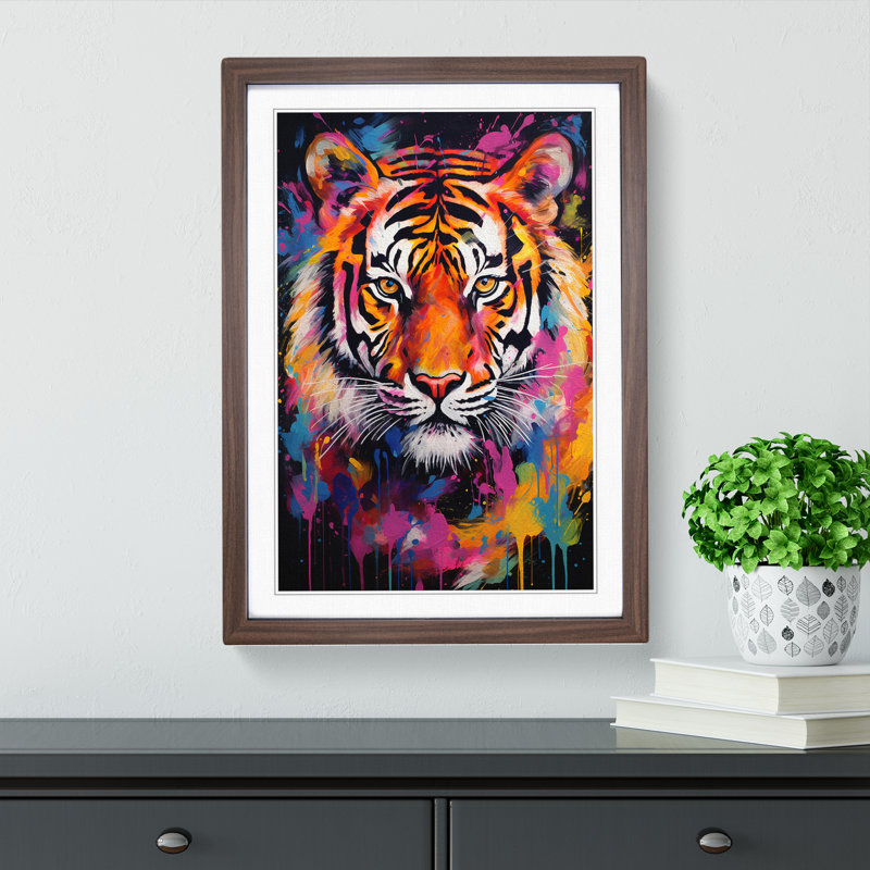 Tiger Colour Field No.2 - Single Picture Frame Rectangle Print on Wood, Walnut, 64cm H x 46cm W x 2cm D