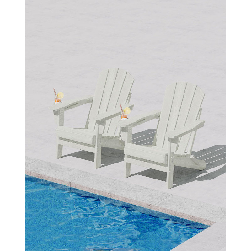 Folding Adirondack Chair Set of 2, HDPE Patio Chairs with Cup Holder, All Weather Outdoor Seating, White