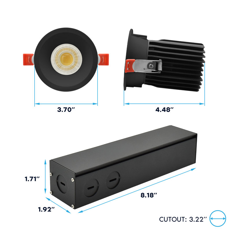 Luxrite 3 po Éclairage encastré à DEL sans cadre avec bordure ronde noire interchangeable étroite, CRI90, 15 / 20W, 1450 / 2100LM, à intensité variable, faisceau de 60 °, calibre humide