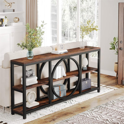 Console très longue de 70,9 po, canapé à 3 niveaux avec cadre circulaire unique, table de couloir d'entrée industrielle rustique, rangement de salon étroit derrière le canapé, brun rustique et noir