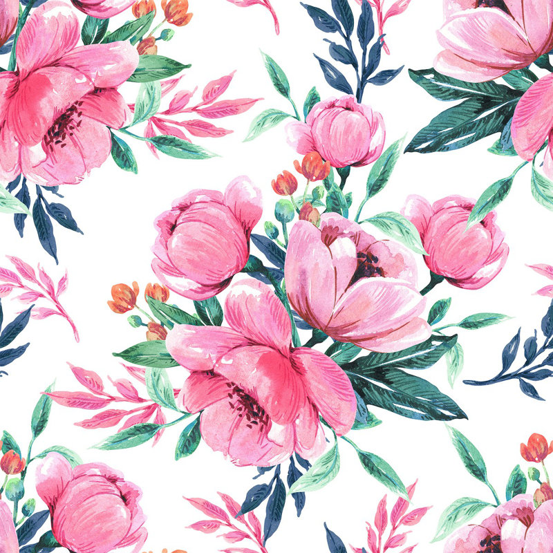 Papier peint blanc avec fleurs roses, Vert / rose