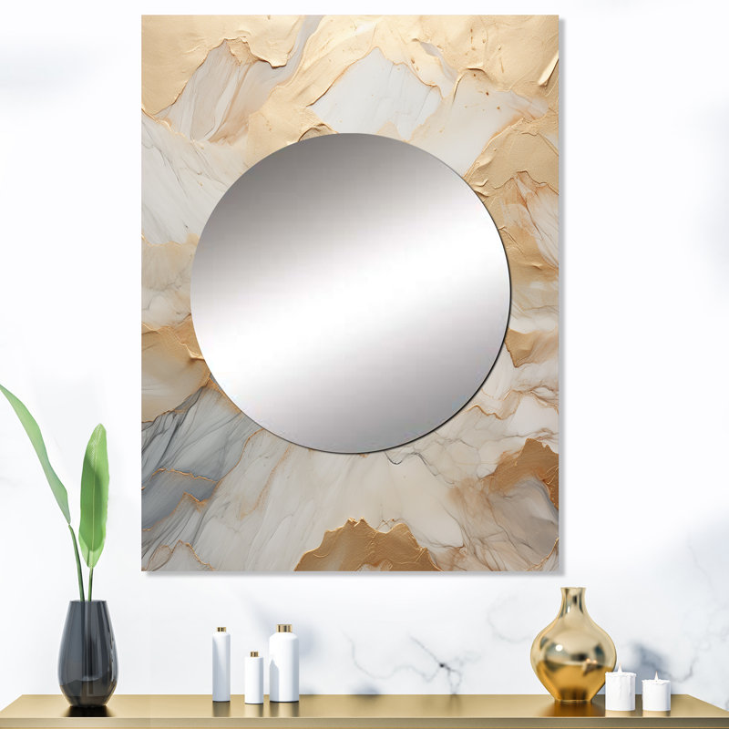 Yoren beige et or Glacier Stone Art III - grand miroir de formes abstraites, décor de miroir mural unique beige, art imprimé en métal