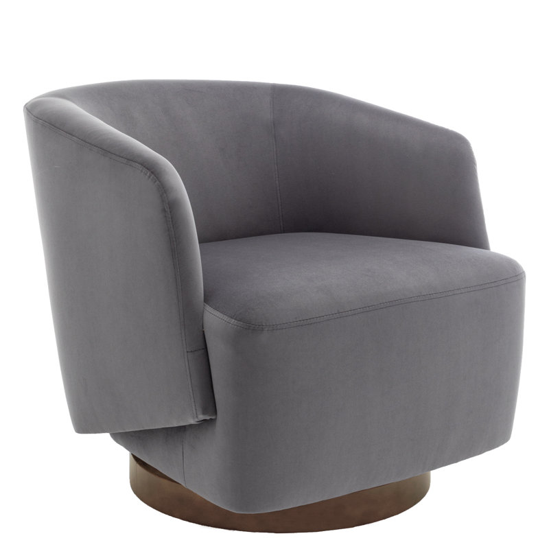 Gray Velvet Swivel Barrel Chair with Wood Base