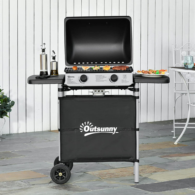 2 Burner Gas BBQ Trolley 5.6 kW Gas Barbecue Grill with Lid Black
