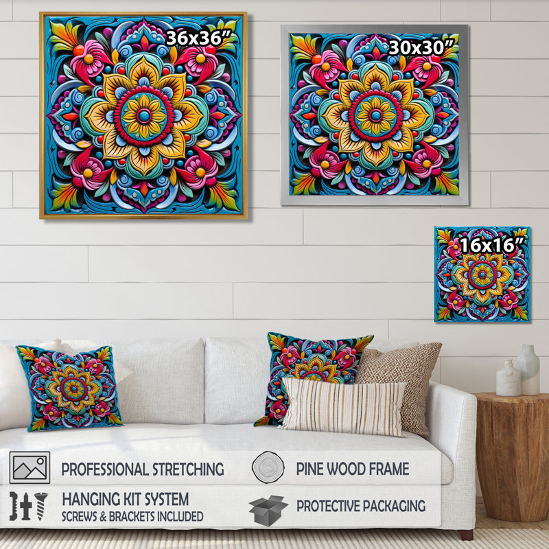 Décoration murale florale vibrante jaune azur fuchsia - Boho Mandala, Toile avec cadre flottant noir