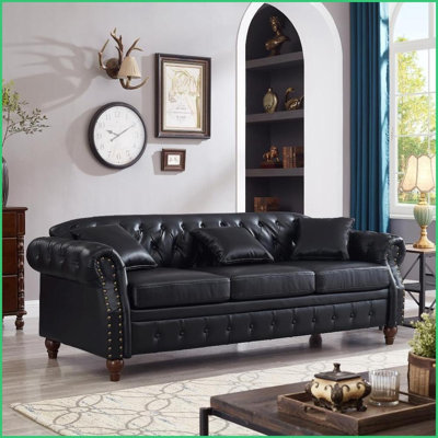 Canapé Chesterfield 85,8 po à 3 places avec rangement capitonné pour salon | Noir | Cuir technique | Accoudoirs roulés