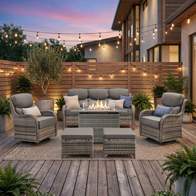 Smilario 6-Piece All-Weather Outdoor Conversation Set With 50,000 BTU Fire Pit Table, 3-Seat Sofa, Swivel Gliders & Ottomans, 6" Thick Cushions