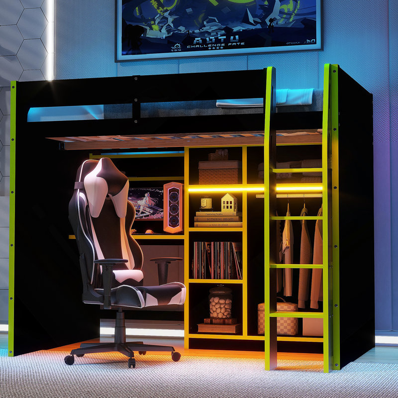 Lit mezzanine double en bois avec bureau, garde-robe ouverte, compartiments de rangement et lumières RVB, vert, Green