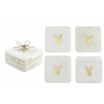 Dessous de verre carré en marbre blanc avec incrustation en laiton, motif tête de cerf, lot de 4