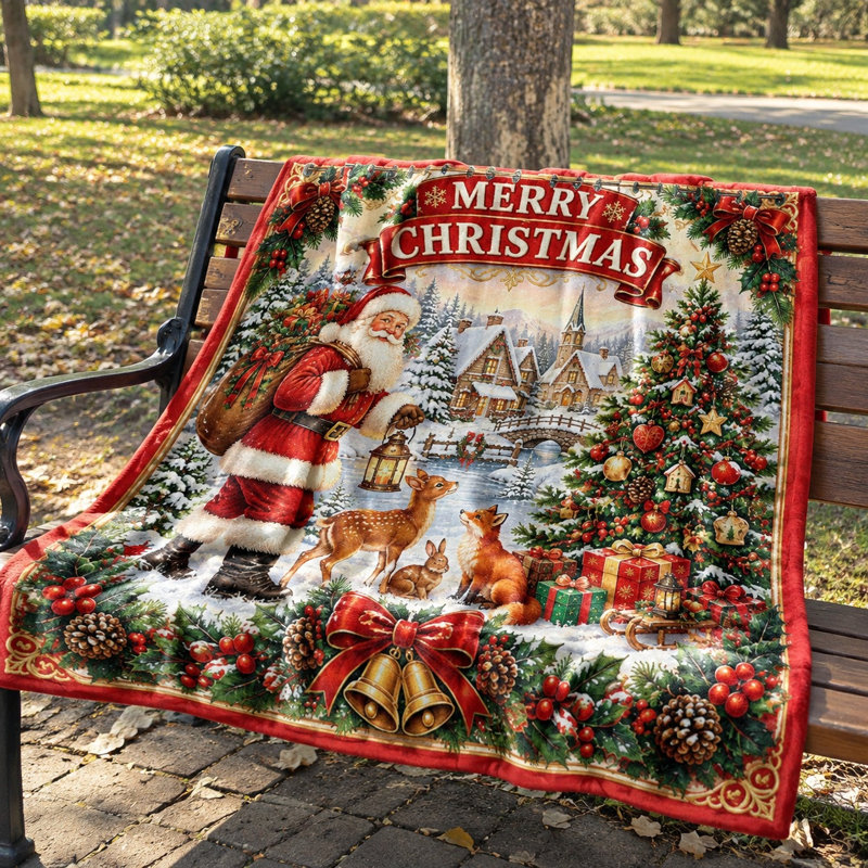 Couverture de Noël douillette, jeté en molleton motif Père Noël et scène hivernale, décoration festive pour canapé, lit et maison en toutes saisons