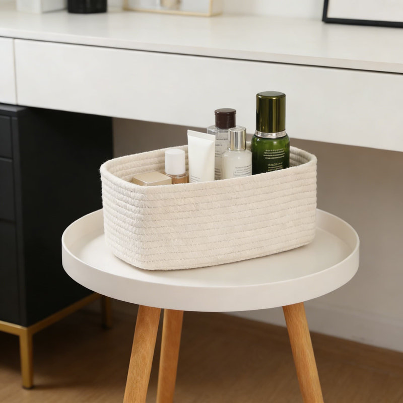 Woven Storage Baskets Set Of 4, Handwoven Cotton Rope Organizer Bins For Shelves, Closet, Desk, And Toy Storage, Decorative Rectangular Baskets For Home Organization