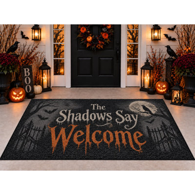 Tapis d'extérieur Halloween 152 x 213 cm, motif Halloween hanté « Les ombres vous souhaitent la bienvenue », tapis bouclé en PVC imperméable, tapis résistant à séchage rapide pour porche, terrasse, balcon ou entrée.