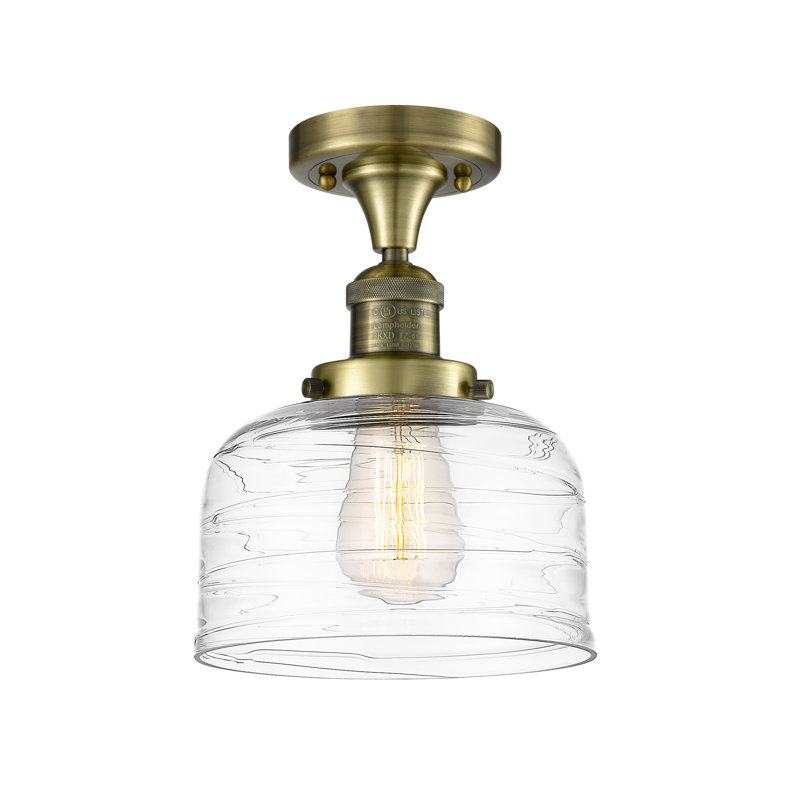Bell - 1 Light 8" Semi-Flush Mount, No Bulb Included, Antique Brass, Clear Deco Swirl