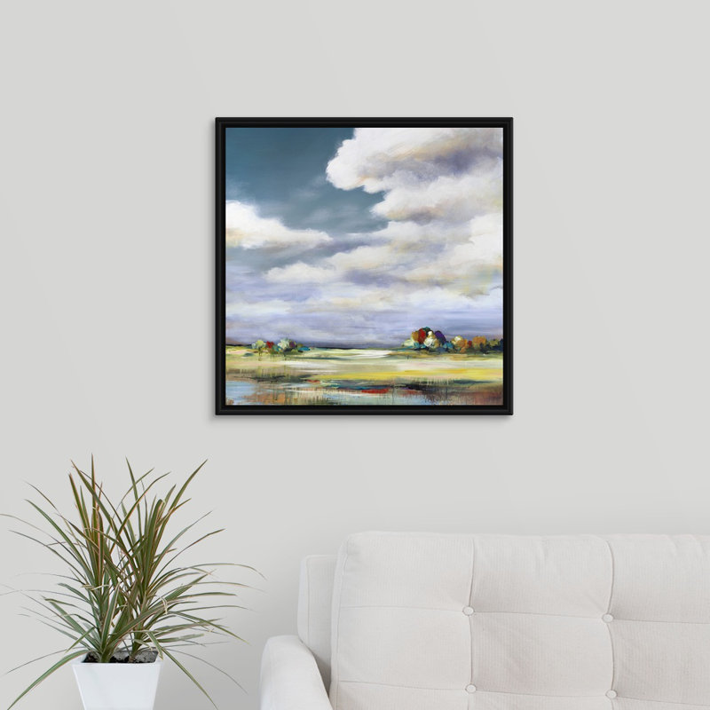 « paysages view ii », peinture sur toile, H 21,7 po x l 21,7 po x P 1,75 po, Cadre flottant noir