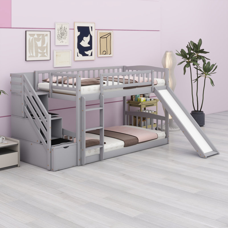 Lit superposé avec escalier de rangement et glissade, Gris