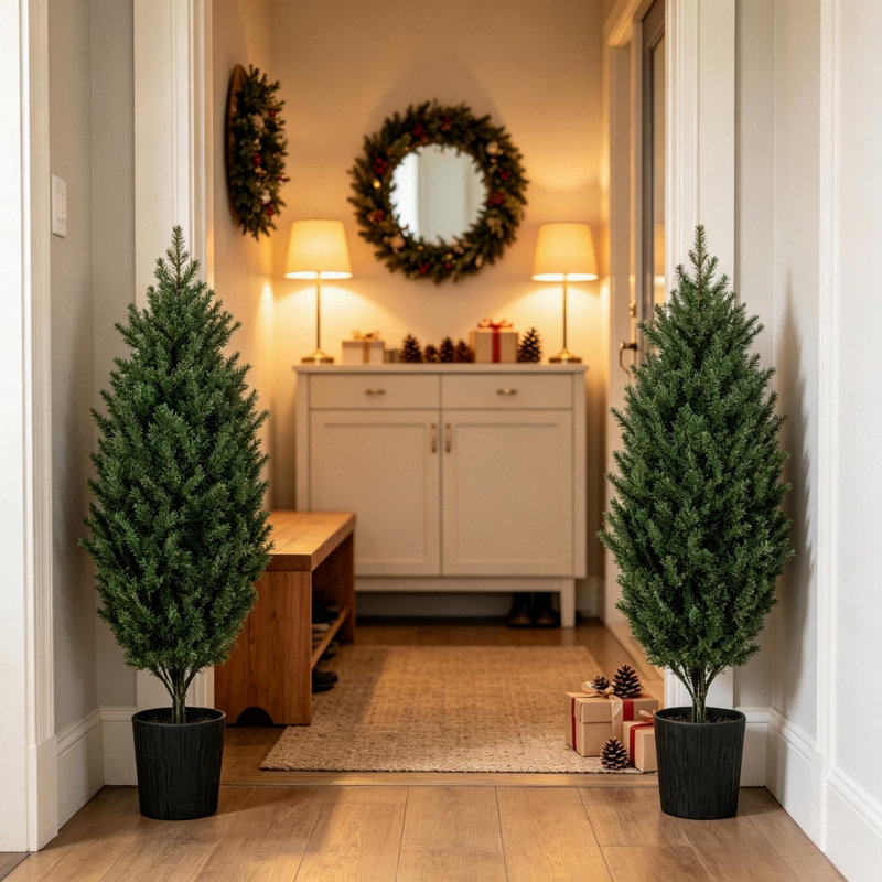 Lot de 2 sapins de Noël artificiels en cèdre de 1,20 m, résistants aux UV, avec branches en PE et embouts en pot, pour la décoration de votre maison ou terrasse pendant les fêtes.