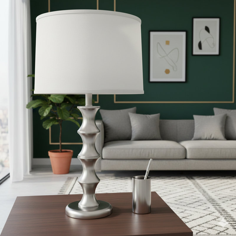 Grande lampe de table en acier de 29,5 pouces avec une finition en nickel satiné et un abat-jour en lin