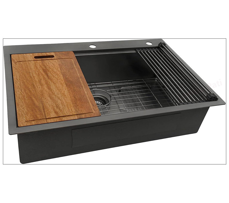 36 Inch Drop-in Workstation Kitchen Sink with Accessories, Gunmetal Black, 16 Gauge Stainless Steel, Single Bowl