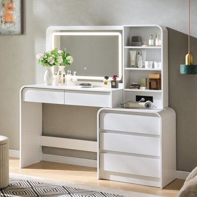 Maud Modern Makeup Vanity Desk with LED Lighted Mirror & Power Outlet & 5 Drawers, Makeup Table with Adjustable Shelves and Charging Station