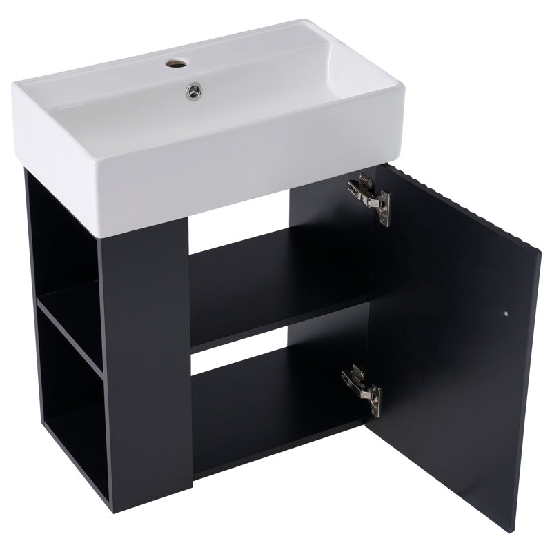 Floating Bathroom Vaniy With Ceramic Basin And Left Side Storage, Black