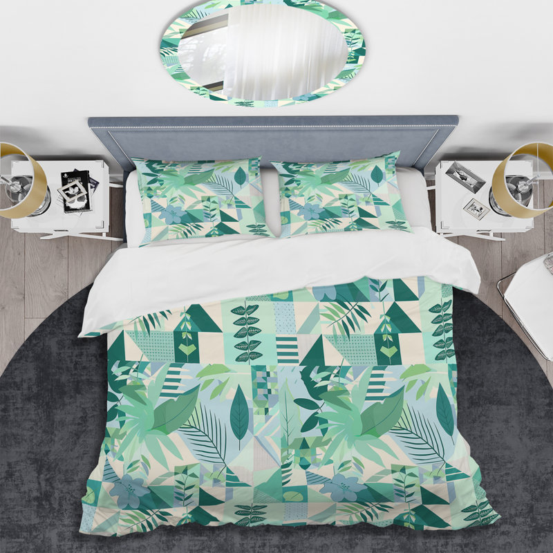 Green Geometric Plants Print - Ensemble de housse de couette géométrique, Housse de couette très grand + 2 taies décorativ