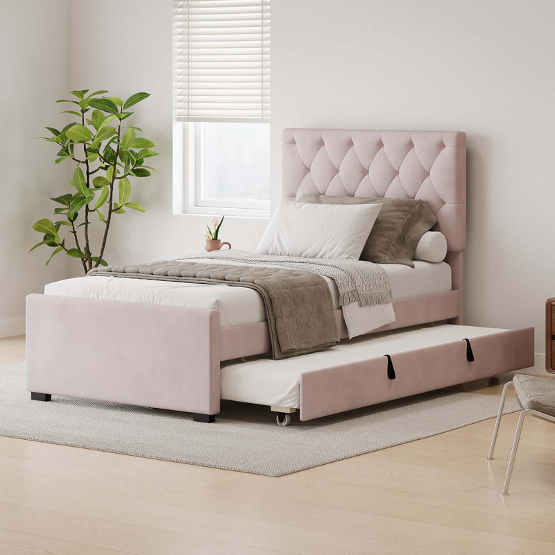 Lit plateforme tapissier avec lit gigogne, Rose