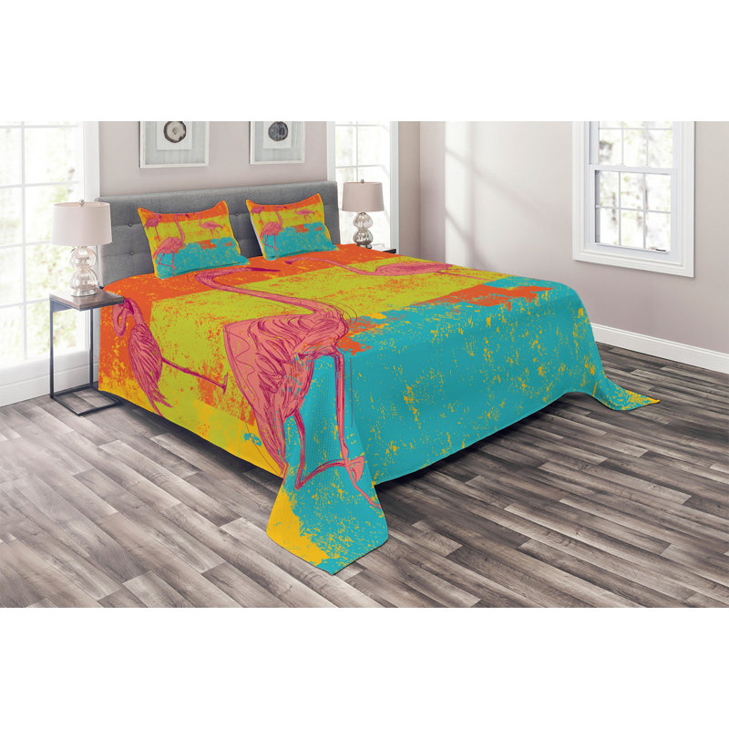 Flamingo Polyester Coverlet, King Bedspread + 2 Shams