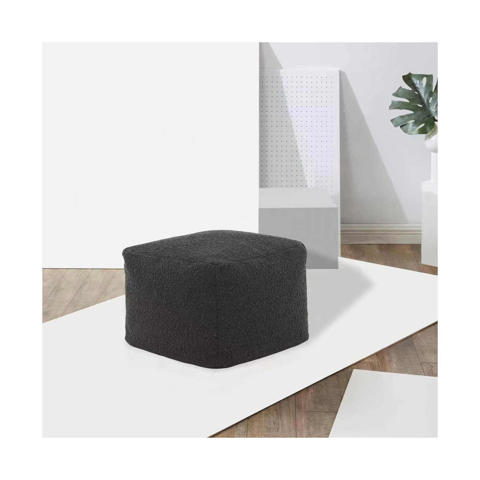 Inaki Upholstered Pouf, Black Boucle