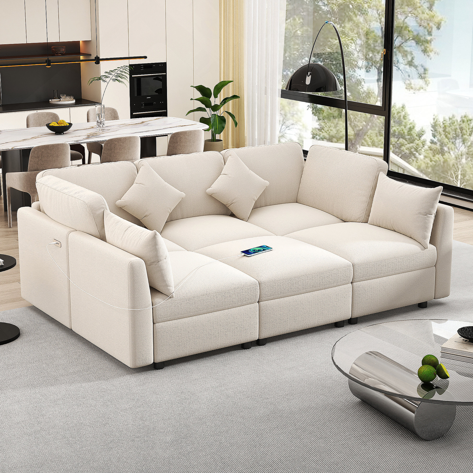 Latitude Run® Modular Sectional Sofa With Movable Ottoman And USB Ports ...