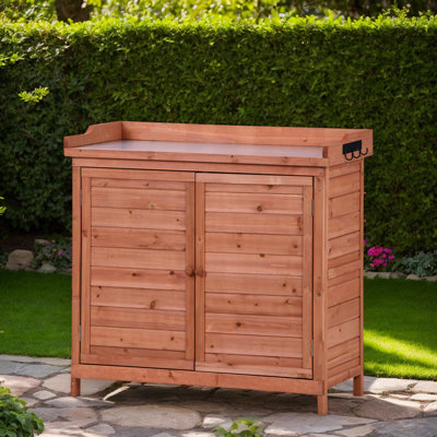 Rustic Wood Potting Bench with Galvanized Top, 2-Tier Storage & Side Hooks