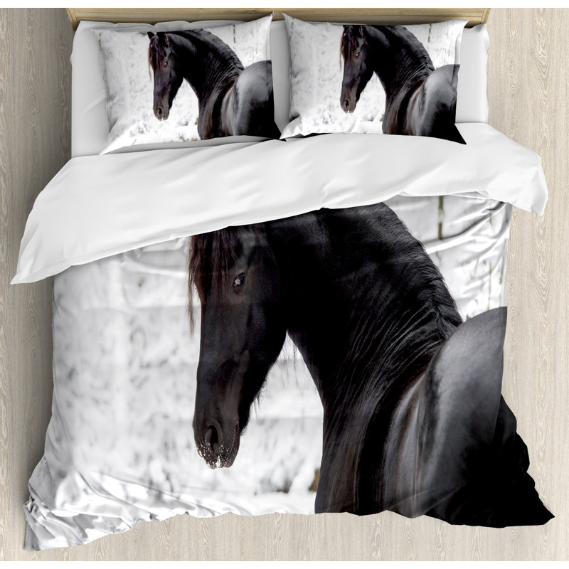 King Size Black Friesian Horse Duvet Cover Set