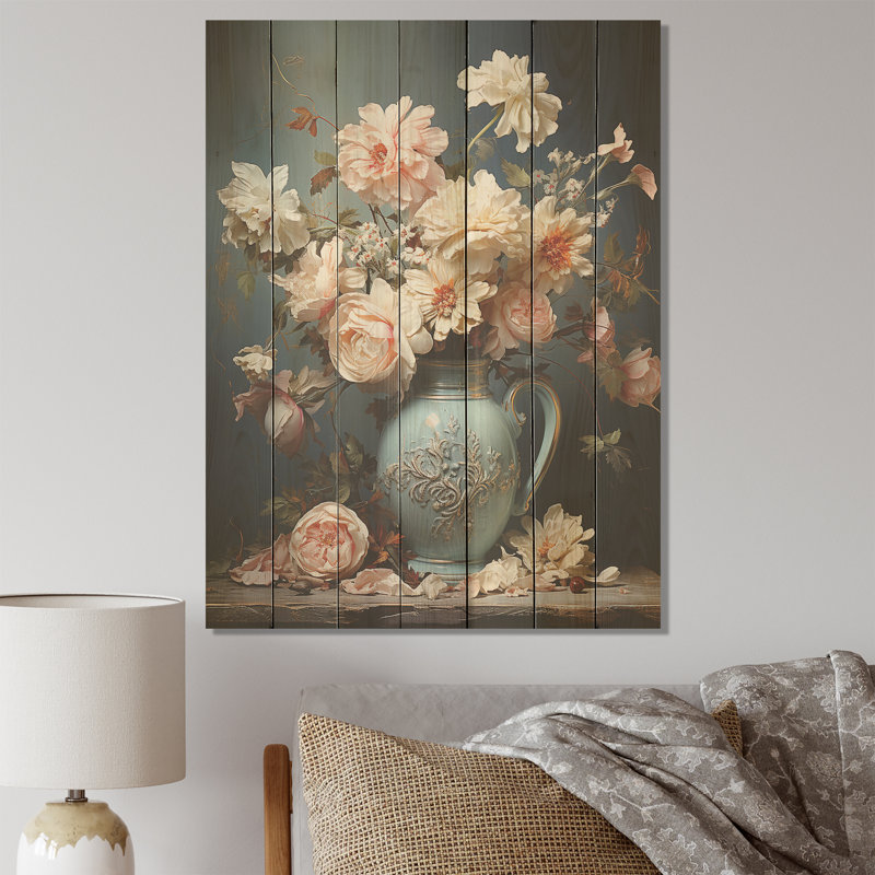 Poterie florale rose rococo raffinée - poterie bohème sur bois, H 44 po x l 34 po
