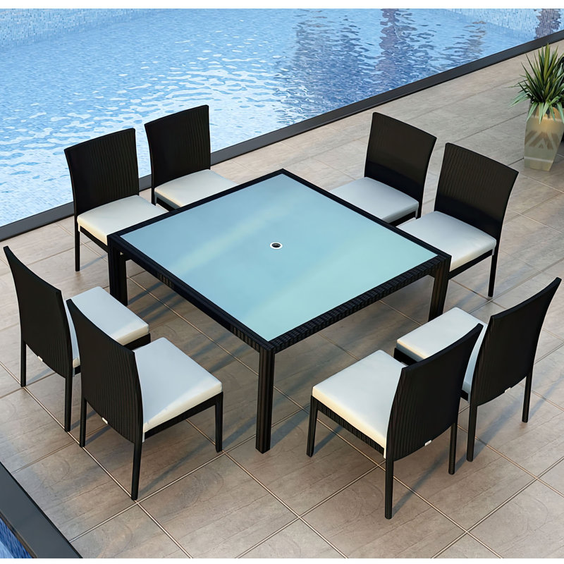 Kaneb Wicker Patio Dining Set with Square Table , Cushions Included, Canvas Natural Sunbrella® Canvas