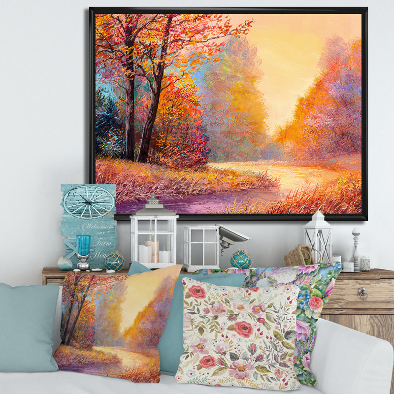 Sentier dans la forêt d'automne, paysage de feuilles orange - reproduction de maison de lac, H 12 po x l 20 po x p 1 po