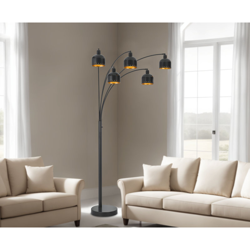 60W x 5, 3 way Ellington arc floor lamp with metal gold tone shades and heavy weighted base