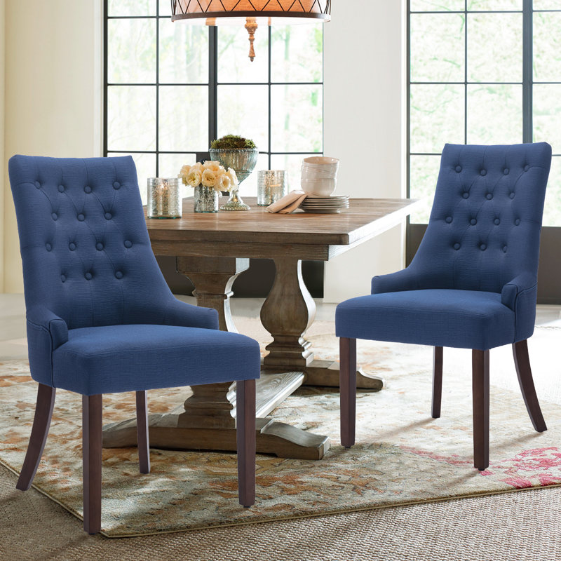 Set of 2 Wingback Dining Chairs, Solid Wood Frame with Linen-Textured Upholstery & Tufted Back, Blue