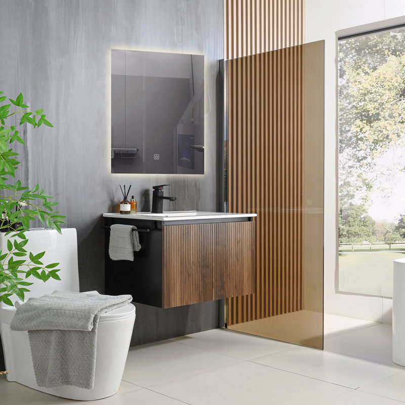 Ensemble de meuble-lavabo mural 24 po avec porte-serviettes noir, Brun