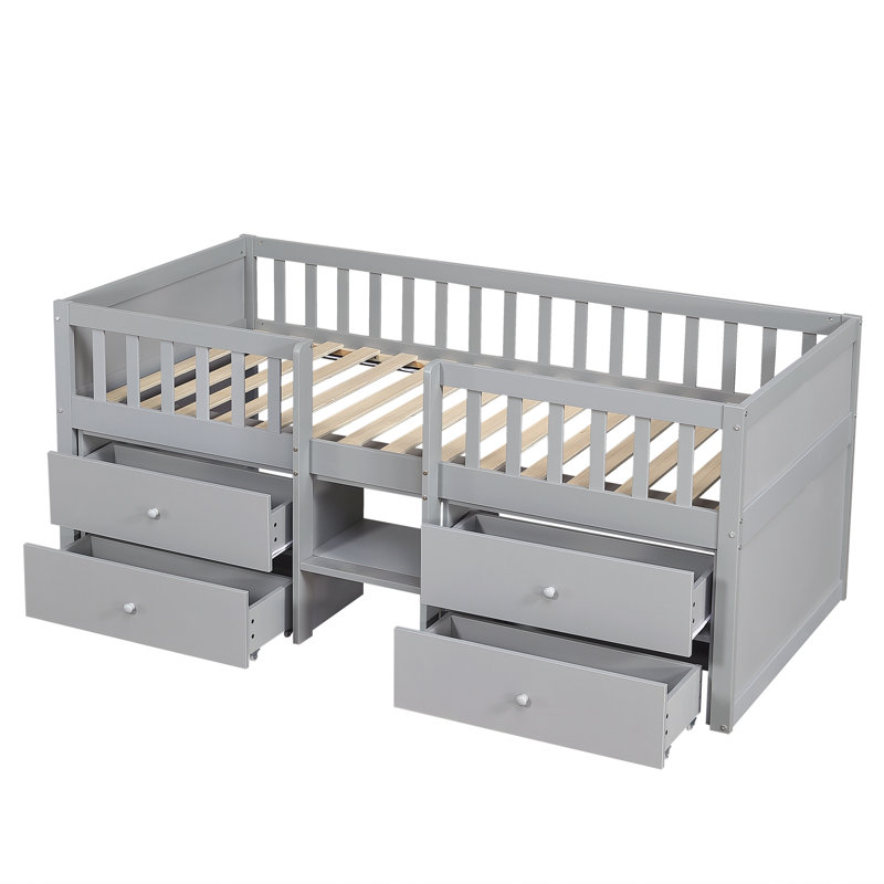 Kids Loft Bed With 4 Drawers & Stair Storage - Twin Over Full Bunk Bed With Safety Rails, Grey