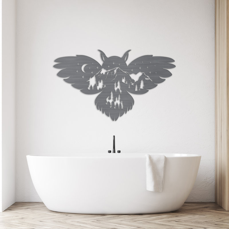 Art mural hibou avec montagne, arbres et étoiles - ACM, Noir, H 26,8 po x l 46 po x P 0,25 po