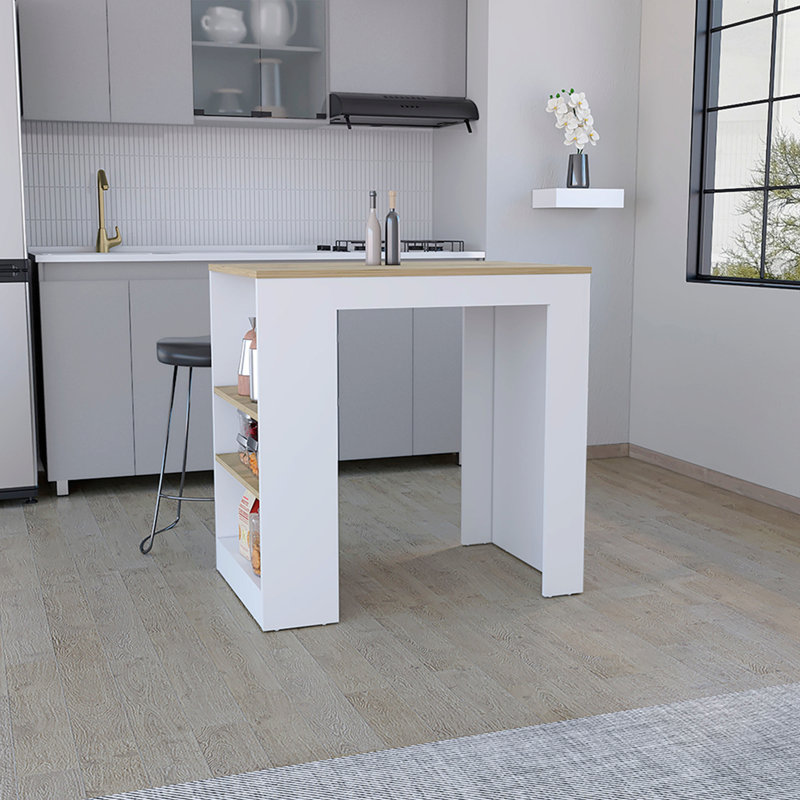 Îlot de cuisine avec 3 tablettes latérales, Blanc / bois naturel
