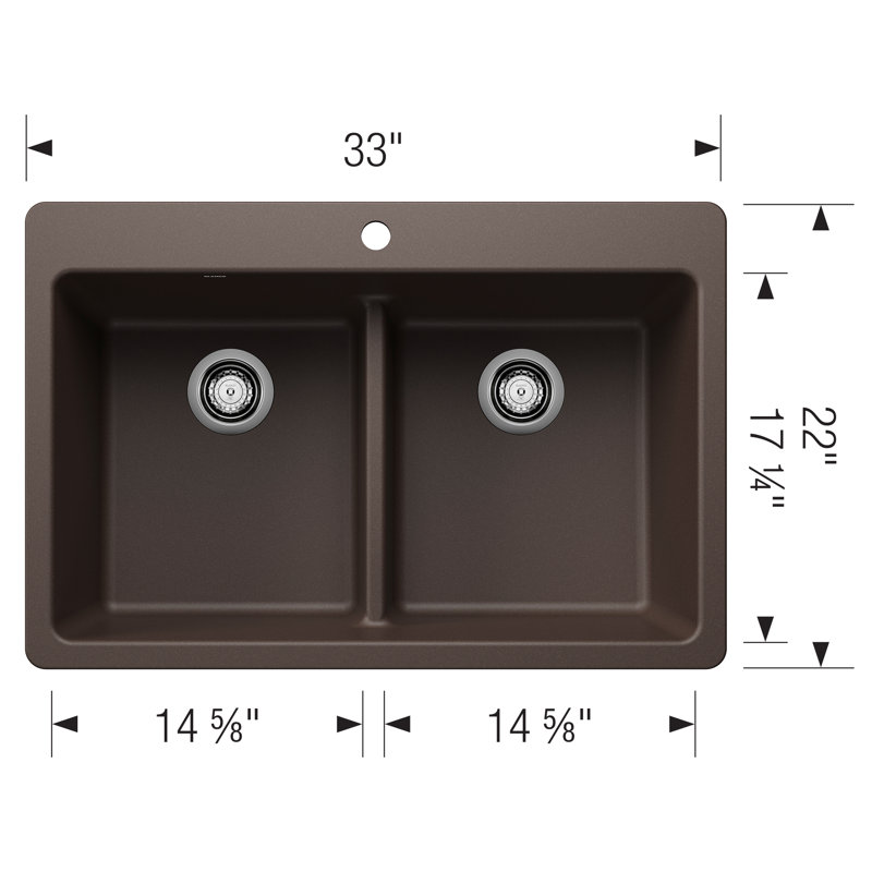 Liven SILGRANIT 33" 50/50 Double Bowl Dual Mount Kitchen Sink with Low Divide, Café