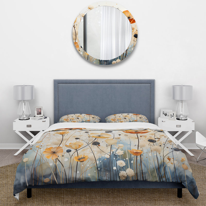 Ensemble de housse de couette à motif abstrait Botanicals orange et bleu - Polyester en microfibre