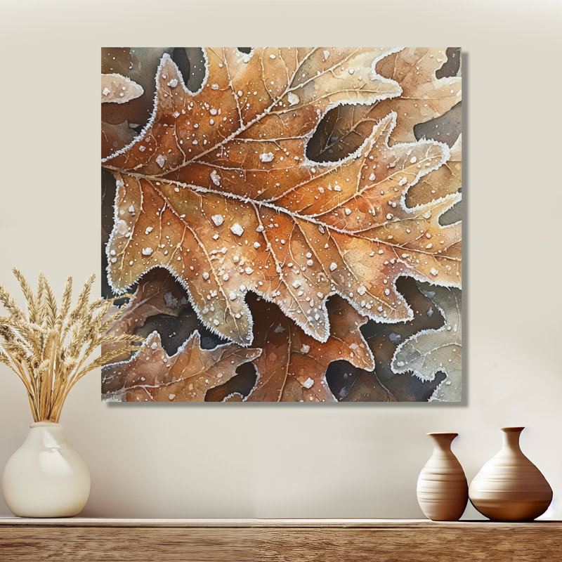Feuille de chêne Frosty III - impression murale traditionnelle en métal, feuilles, décoration murale en métal