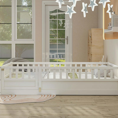 Twin Size Floor bed, integral construction with super high security barrier, door, children's floor bed frame, Montessori wooden children's floor bed,
