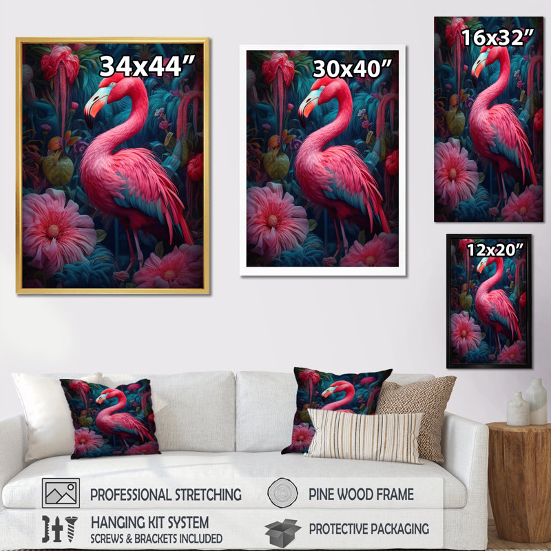 «Tropical Flamingo Grace III - Flamingo», reproduction d'art sur toile, Cadre flottant doré, H 32 po x l 24 po x P 1 po