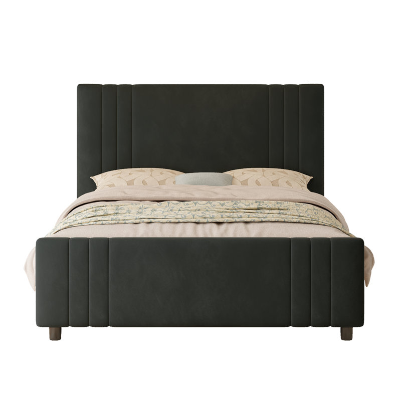 Modern Velvet Upholstered Platform Bed, Kingsize (5'), Black