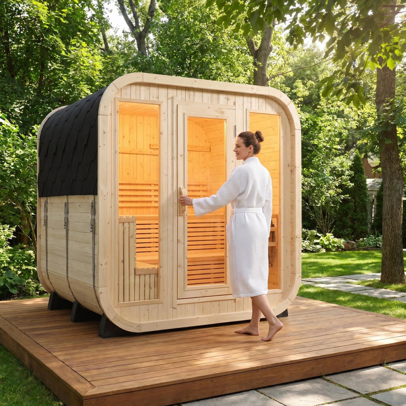 4-6 Person Outdoor Square Sauna, White Pine Wood With 9kw Sauna Stove And Tempered Glass Door