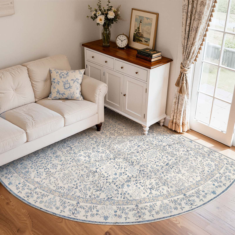 Floral Machine Washable Area Rug, Corner 7' x 7', Blue